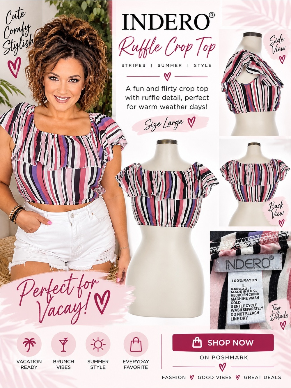 INDERO Ruffle Crop Top L Pink Striped Off Shoulder Coquette Vacation Y2K